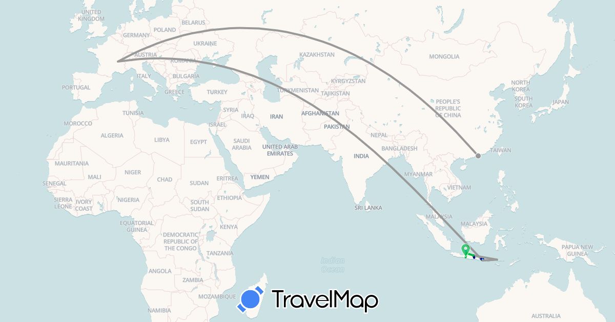 TravelMap itinerary: driving, bus, plane, boat in China, France, Indonesia (Asia, Europe)